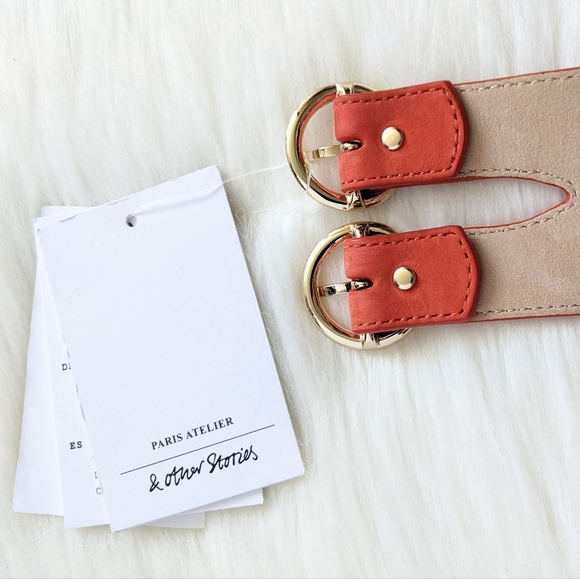 & Other Stories Coral Orange Suede Leather & Rope Double Buckle Belt | Size M - Picture 6 of 14